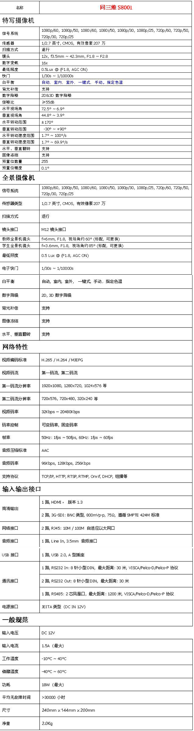 S8001一体化高清教学跟踪摄像机参数